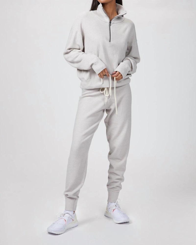 Front of a model wearing a size L Alice Knit Sweatpants in Cobweb Silver in Cobweb Silver by VARLEY. | dia_product_style_image_id:332149